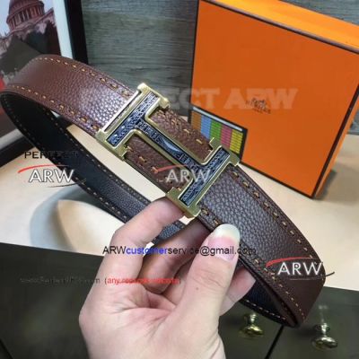 Perfect Replica Brown Leather Belt Orange Thread With Pattern Face Gold Buckle